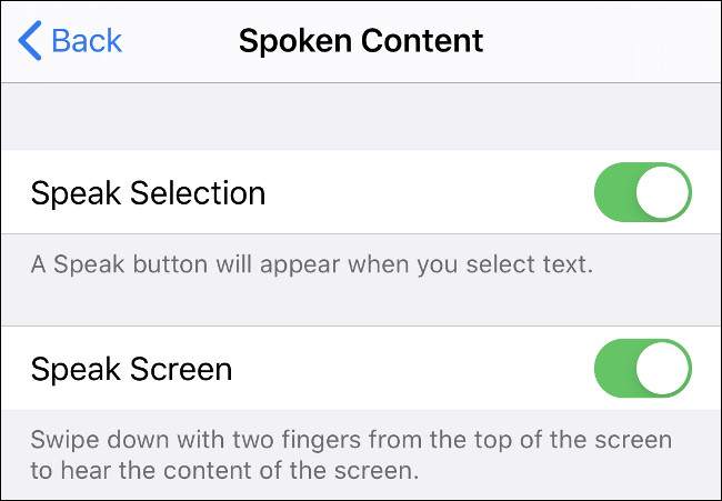 The "Spoken Content" menu on iOS.