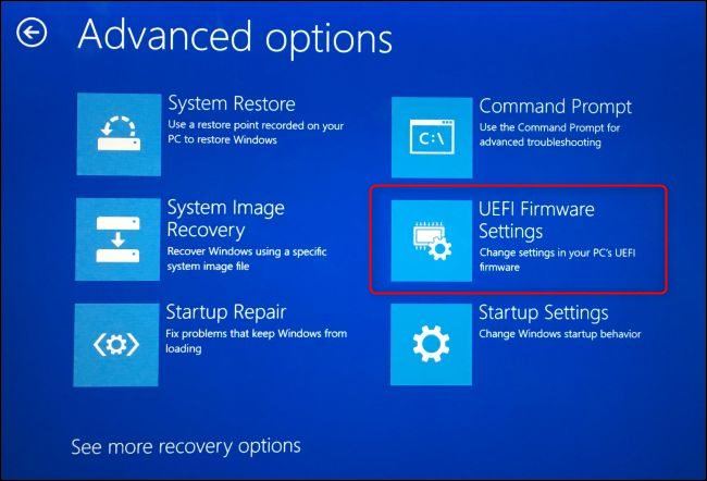 The UEFI FIrmware Settings option on Windows 10's advanced boot options screen.