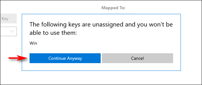 Click "Continue Anyway" in PowerToys Keyboard Manager on Windows 10