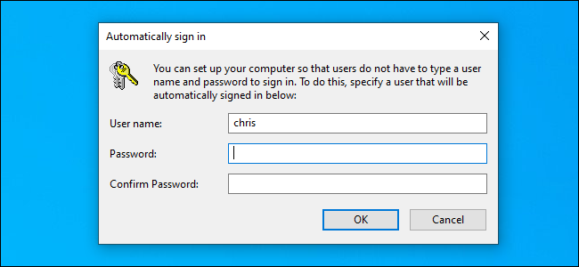 The "Automatically sign in" options window on Windows 10.