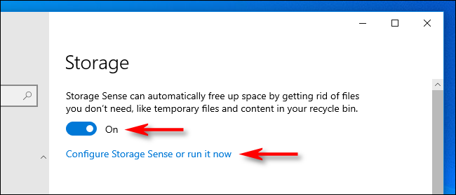 Click switch to turn Storage Sense on in Windows 10 Settings