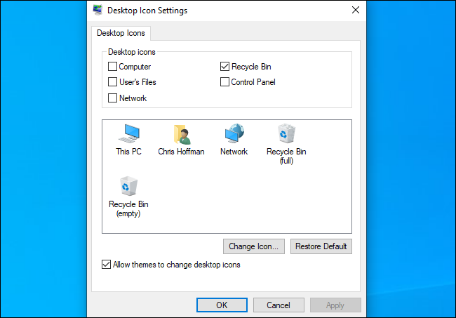 The Windows Desktop Icon Settings dialog