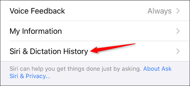 Opening Siri & Dictation History in an iPhone's Settings app.