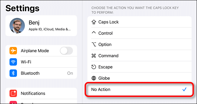 Tap "No Action" when defining Caps Lock function in iPad Settings.