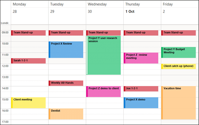 Outlook events with color