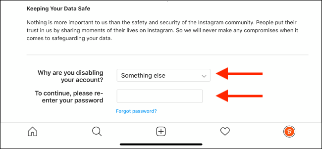 Select the reason and enter your Instagram password