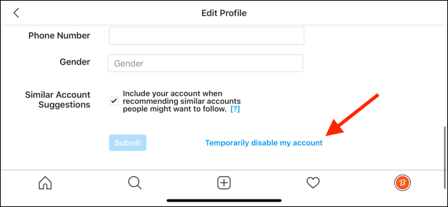 Tap on Temporarily Disable my Account on Instagram