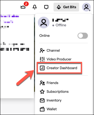 Click the account icon in the top-right of the Twitch website, then click the "Creator Dashboard" option.