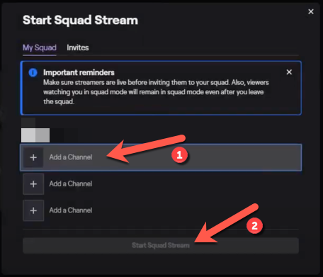 Click "Add a Channel" to invite other Twitch streamers to the Twitch squad stream. Once you're ready to begin streaming, click the "Start Squad Stream" button.