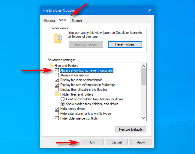 Check Always show icons instead of thumbnails in File Explorer Options on Windows 10