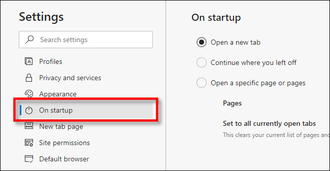 In Edge Settings, click "On startup."