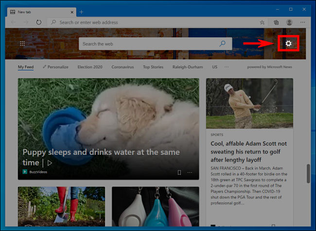 In Edge, click the gear beside the search bar to customize the New Tab page.