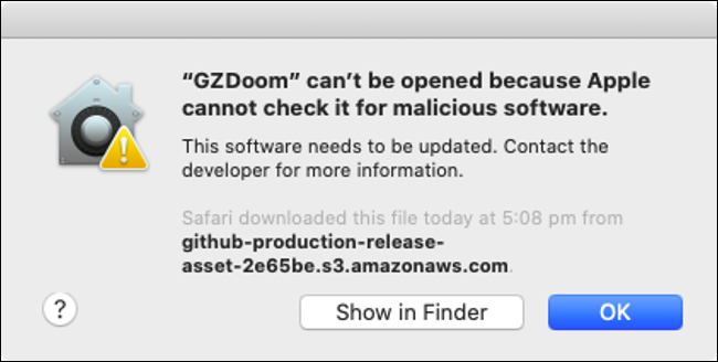 An alert that Gatekeeper blocked "GZDoom."