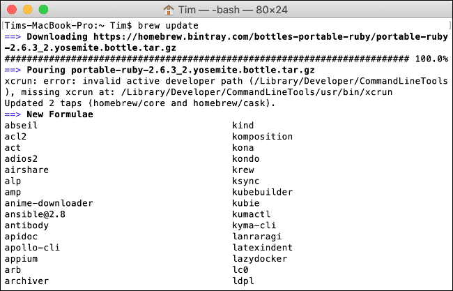 Updating "Homebrew" for macOS in "Terminal."
