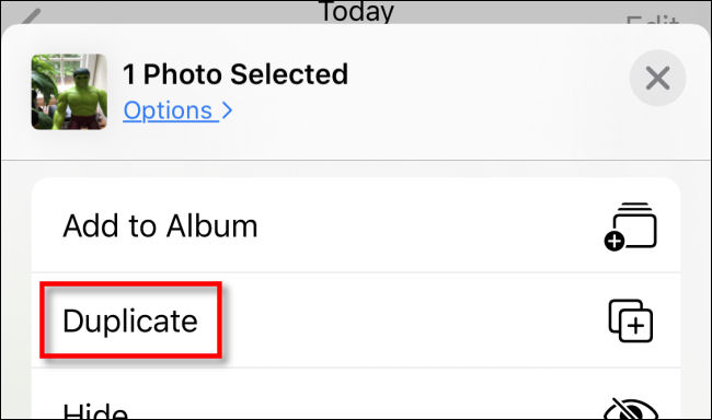 Tap Duplicate in the Share menu in Photos on iPhone.