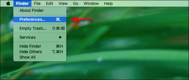 Click "Finder" then "Preferences" in the macOS menu bar.