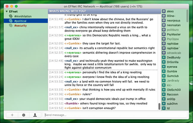 A spirited, 2020 political discussion in an IRC chat room on the Textual client for Mac.