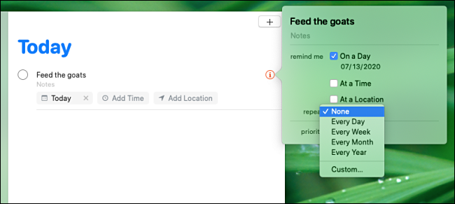 Setting the reminder repeat interval in the Remindes app on a Mac