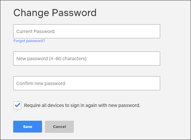Netflix's Change Password web form.