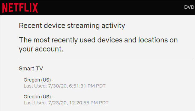 Recent device streaming activity on Netflix.