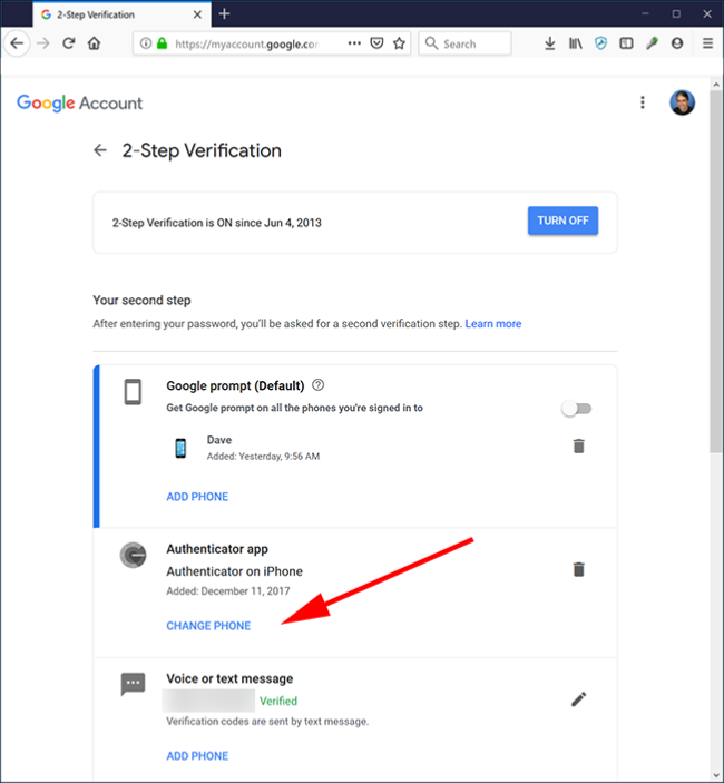 Google's 2-Step Verification web page with the "Change Phone" option pointed out.