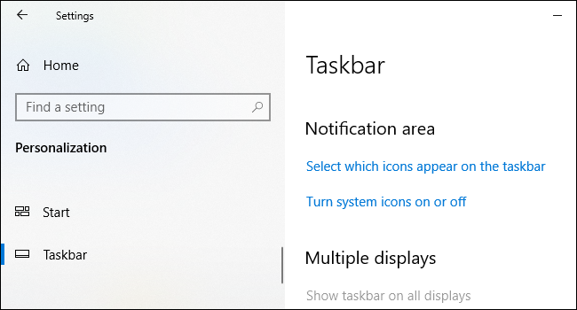 Notification area options on Windows 10's Taskbar settings screen.