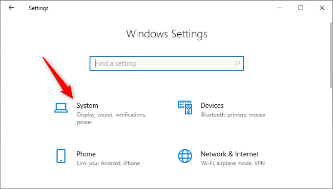 Clicking the "System" icon in Windows 10 Settings.