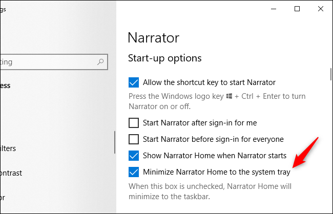 Windows 10's Narrator options referring to a "system tray."