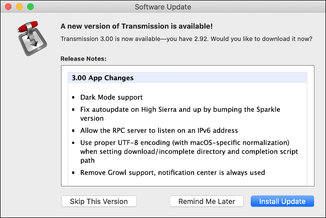 A "Software Update" menu for the Transmission app.