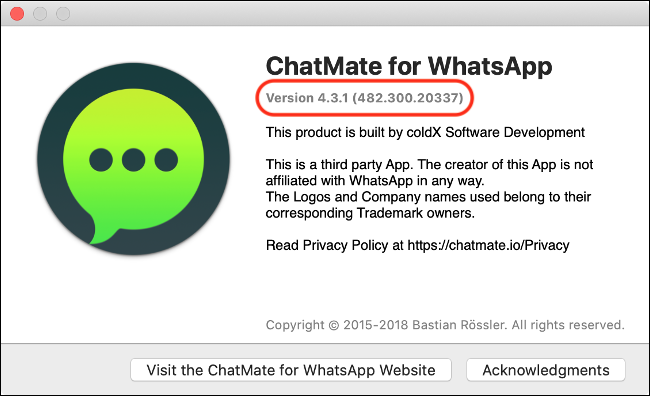 An "About" dialog box for "WhatsApp" with the version number.