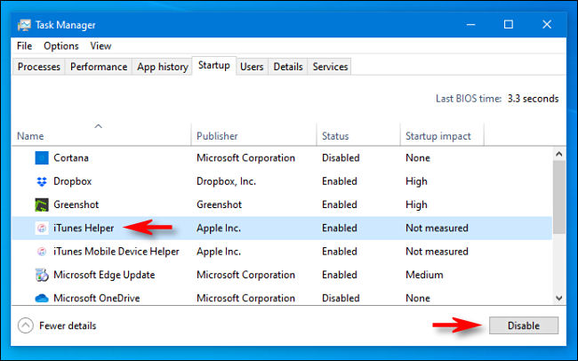 In Task Manager Startup tab, disable "iTunes Helper."