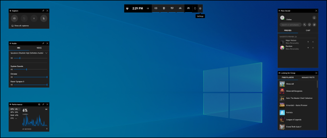The Game Bar overlay on Windows 10.