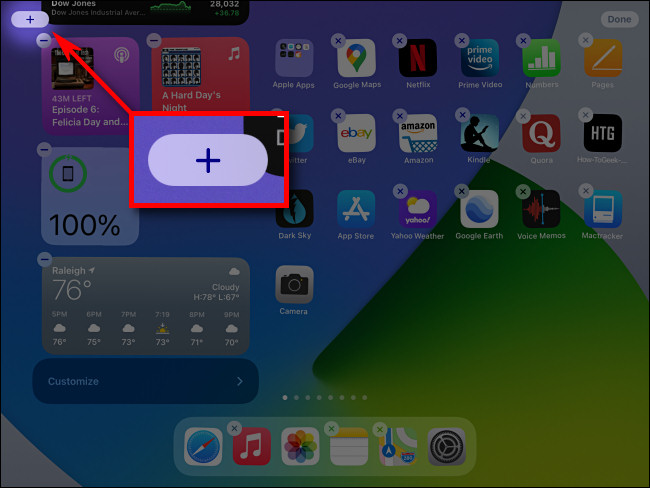While editing the Today View, tap the "plus" button to add widgets in iPadOS 14.