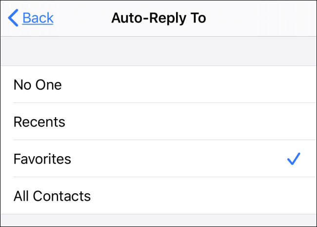 Select Auto-Reply recipients in "Do Not Disturb" settings on iPhone.