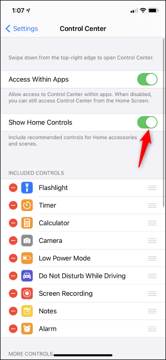Toggling Home Controls in the iPhone Control Center.