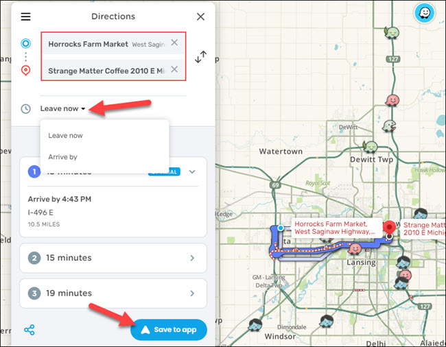 Type your starting location, click "Leave Now" or "Arrive By" and type a time, and then click "Save to App."