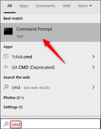Command Prompt app in Windows Search