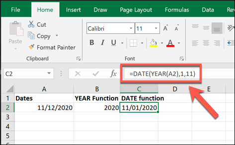 An example DATE formula value, created using the value created by a YEAR formula in Excel
