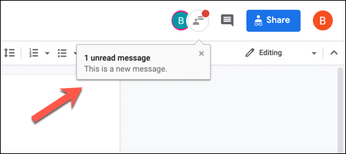A new editor chat message notification pop-up in Google Docs