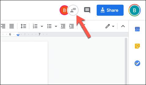 In an open Google Docs document with multiple active editors, press the "Show Chat" icon in the top-right corner.