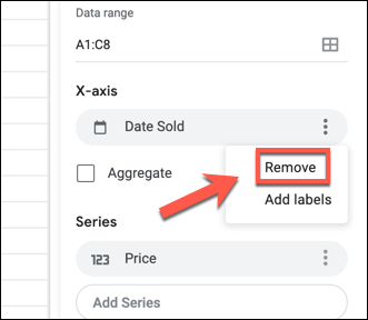 To remove a label from a chart in Google Sheets, click the three-dots menu icon next to a column listed under the "X-Axis" or "Series" categories, then press the "Remove" option.