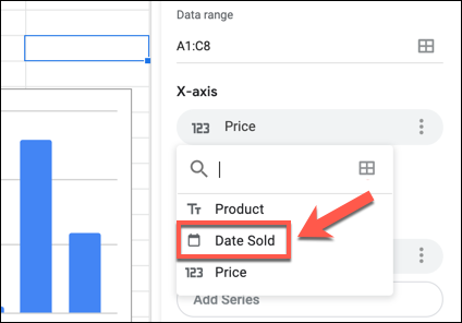 Click on an X or Y axis label in the Google Sheets Chart Editor panel, then select an alternative column from the drop-down menu.