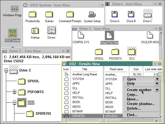 Five windows open on IBM OS/2 version 2.