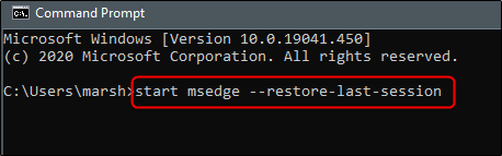Start edge with previous session restored command