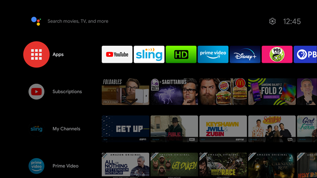 The Home screen on an Android smart TV.