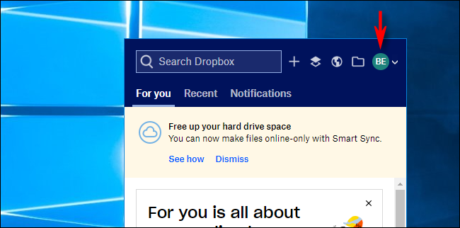 Click on Avatar in Dropbox on Windows 10