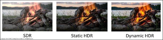 The same image of a campfire shown in SDR, Static HDR, and Dynamic HDR.