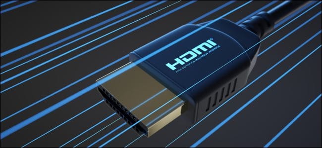 An HDMI connector with blue lines indicating speed.