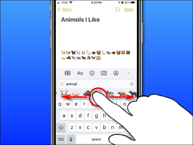 Swipe through emoji search results with your finger on iPhone.