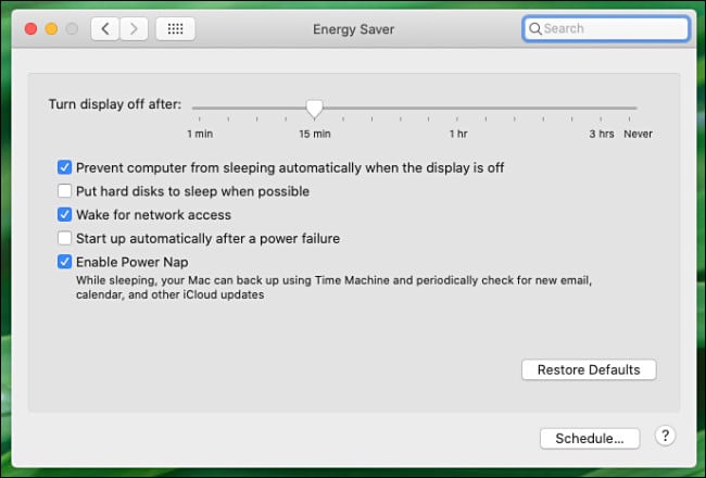 Mac System Preferences Energy Saver Preference pane